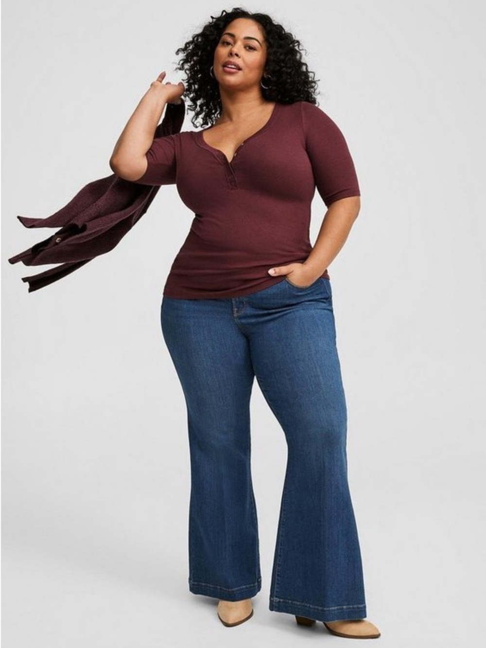 Torrid NWT Sassafras Burgundy Cotton Modal Ribbed Curved Henley Top Size 4 4X 26